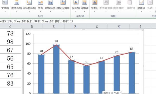 在excel中怎样在一个图中画柱形图和折线图？
，Excel怎样把柱状图和折线图放在一起（超详细）？图20